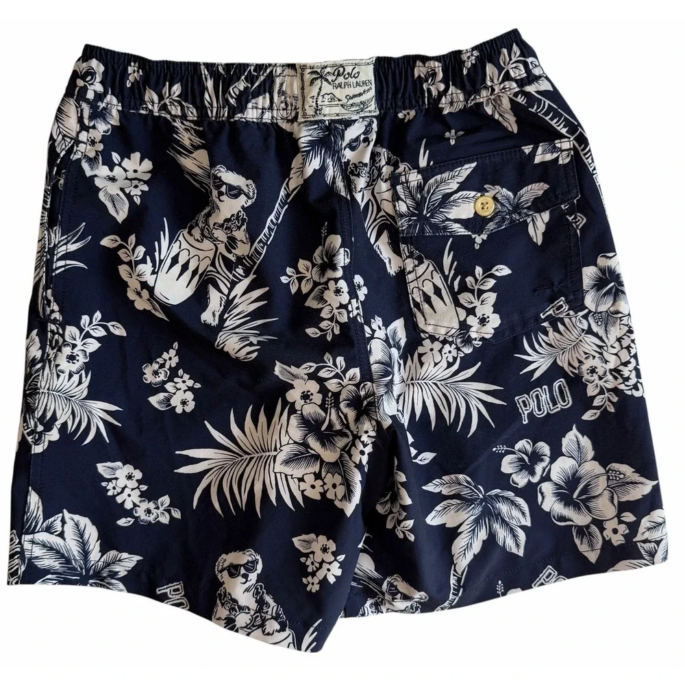 Polo Ralph Lauren Young Boys Swim Trunks Aloha BEAR Luau Navy Floral Large 14/16